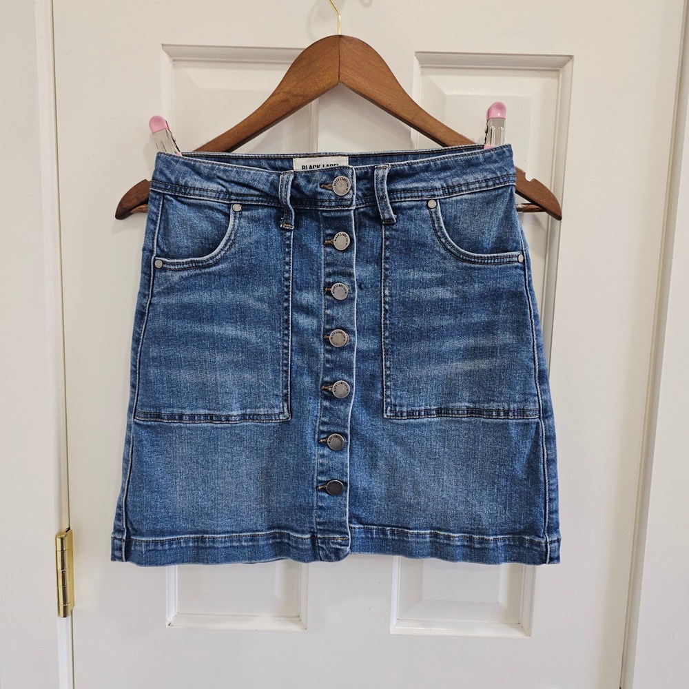 Black Label by C'est Toi Blue Denim Button Front Mini Skirt High Waisted Small